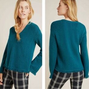Anthropologie Teal Joy Fringed V-Neck Alpaca Blend Womens XS Sweater MSRP $120